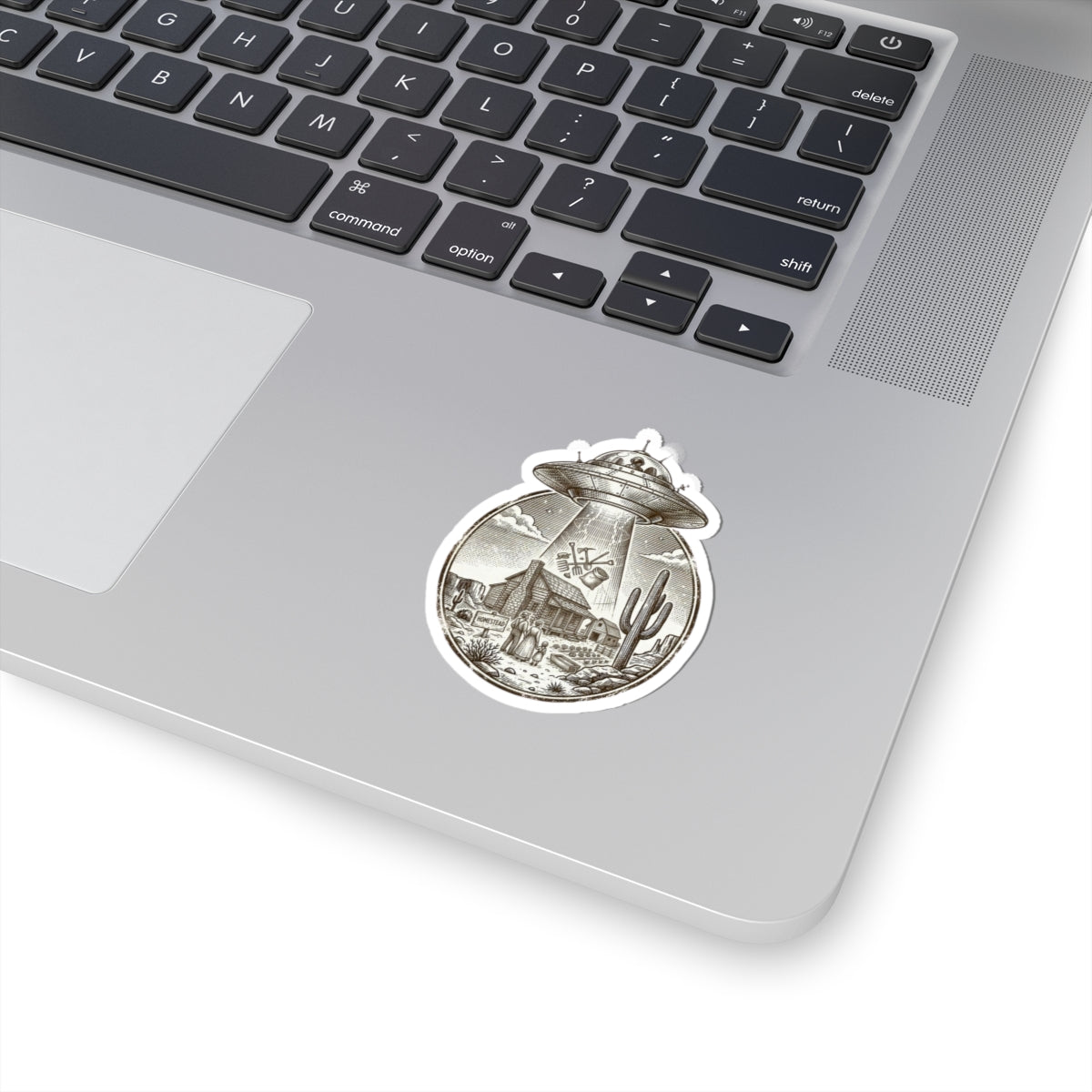 Retro UFO Abduction Desert Scene Sticker | Vintage Southwestern Alien Graphic