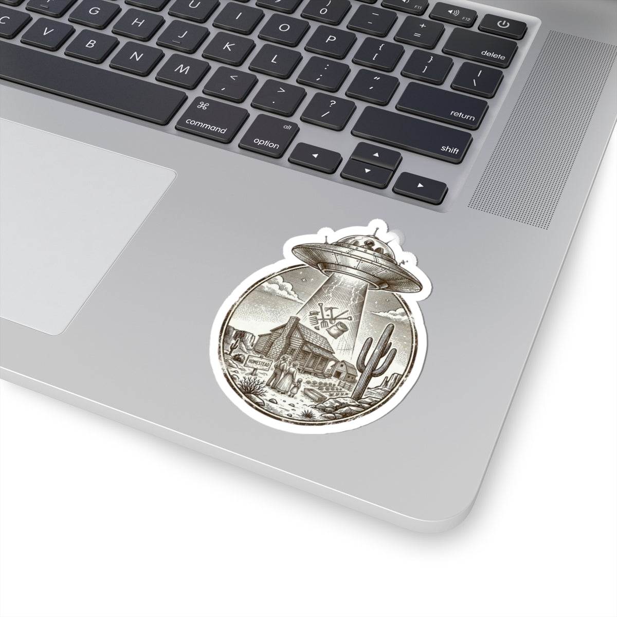 Retro UFO Abduction Desert Scene Sticker | Vintage Southwestern Alien Graphic
